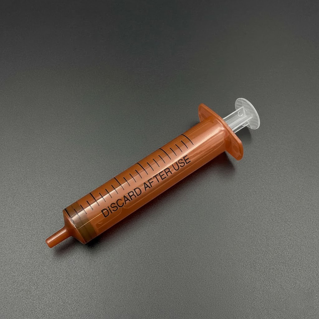 medical grade amber syringe graduation markings closeup