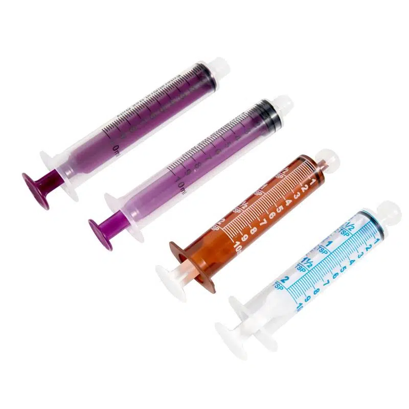 animal feeding syringes multiple colors purple blue brown set