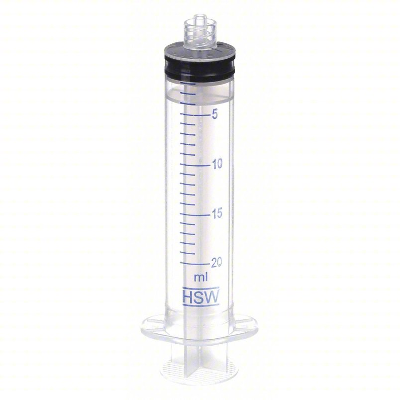 Technical rendering of 3-part disposable syringe with luer lock mechanism 20ml capacity