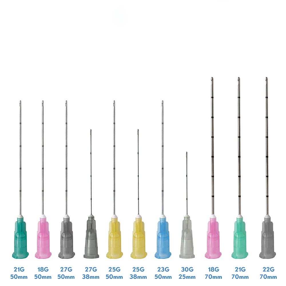 Complete range of disposable blunt filter needles showing size specifications from 18G to 30G by Kohope needle manufacturer