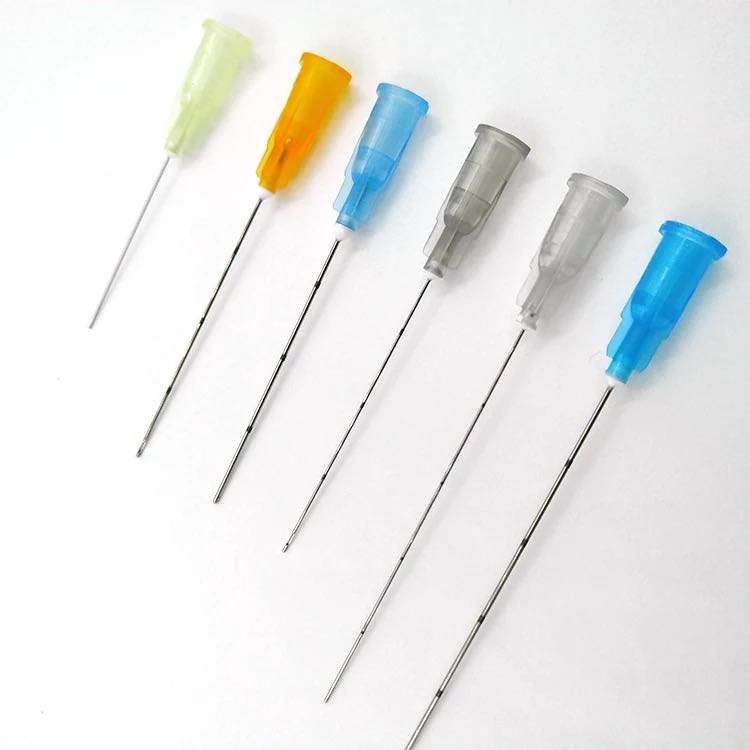 Side view of color-coded blunt needle cannulas showing different gauge sizes and hub designs