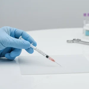 Healthcare professional wearing medical gloves demonstrating sterile insulin pen needle for safe diabetes injection