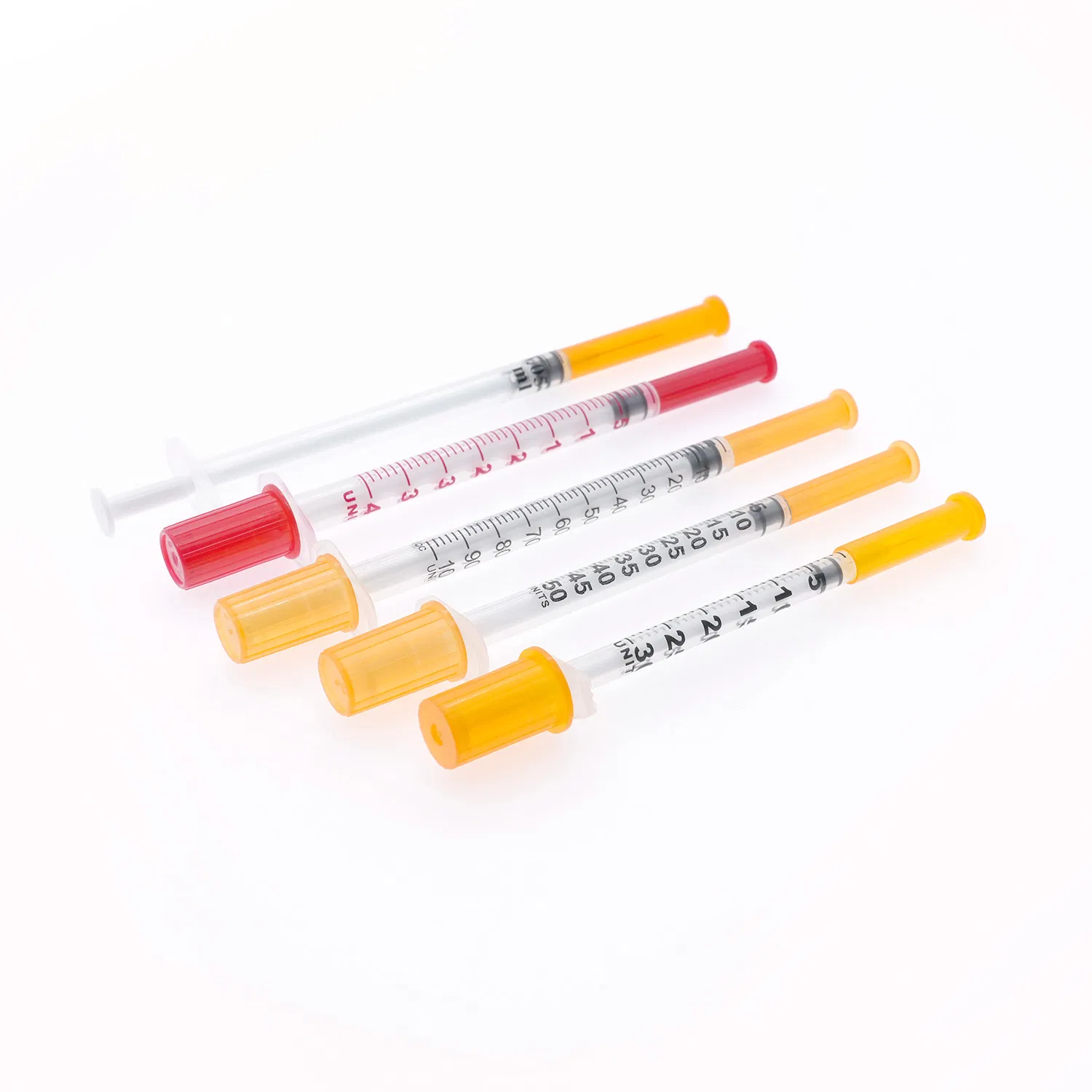 Bulk wholesale insulin syringes collection in 0.3ml 0.5ml 1ml sizes with color-coded orange and red caps