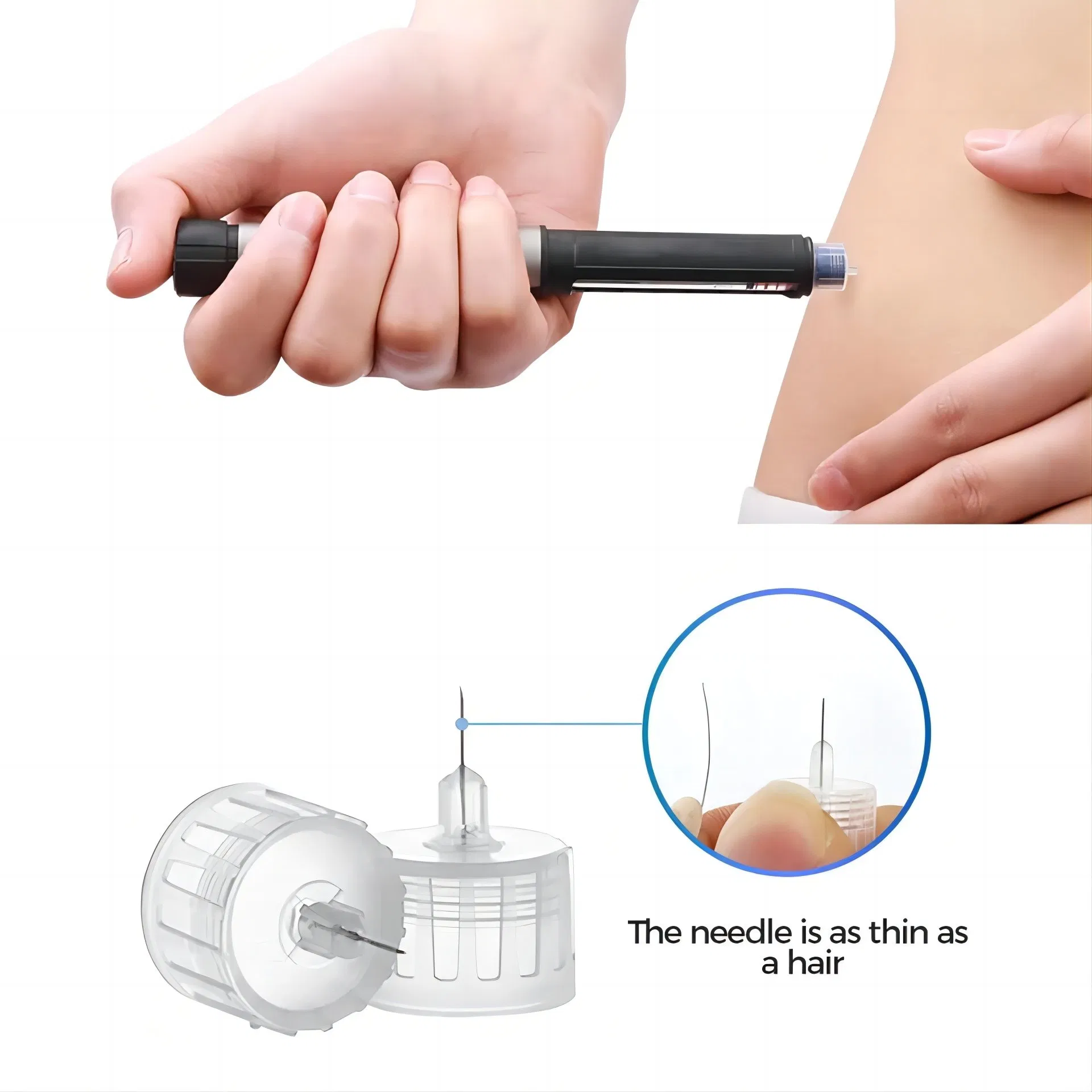 Patient demonstrating comfortable injection with Kohope safety insulin pen needles for diabetes management