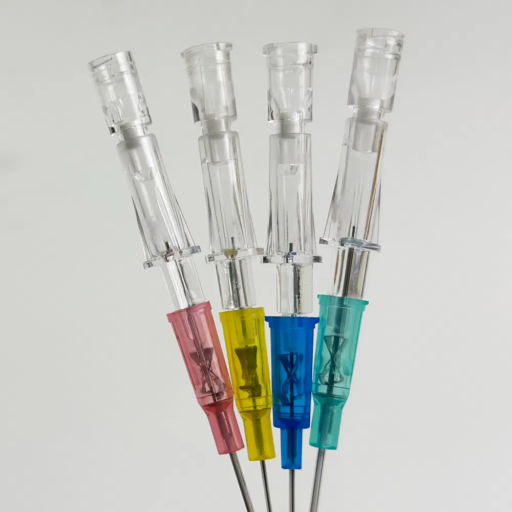 Side angle view showing complete safety needles factory product line in four color options
