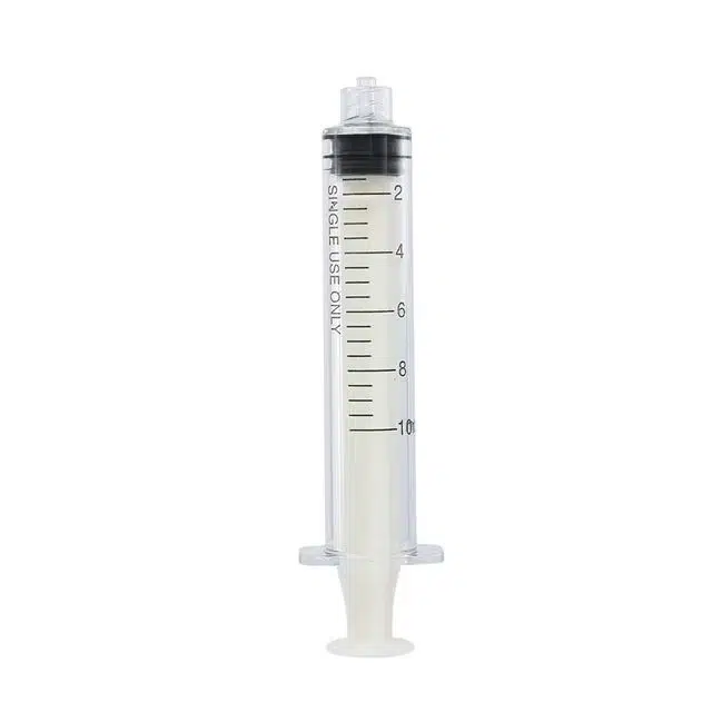 Clear polycarbonate syringe 3ml with luer lock tip showing superior transparency for medical fluid visualization