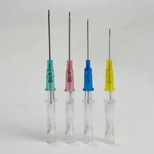 45-degree angle display of retractable IV catheters featuring pink, yellow, green, and blue variants