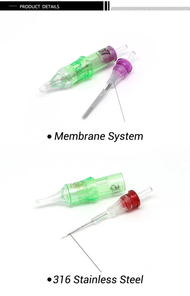 Tattoo cartridge needles application guide showing different needle configurations for various tattooing techniques