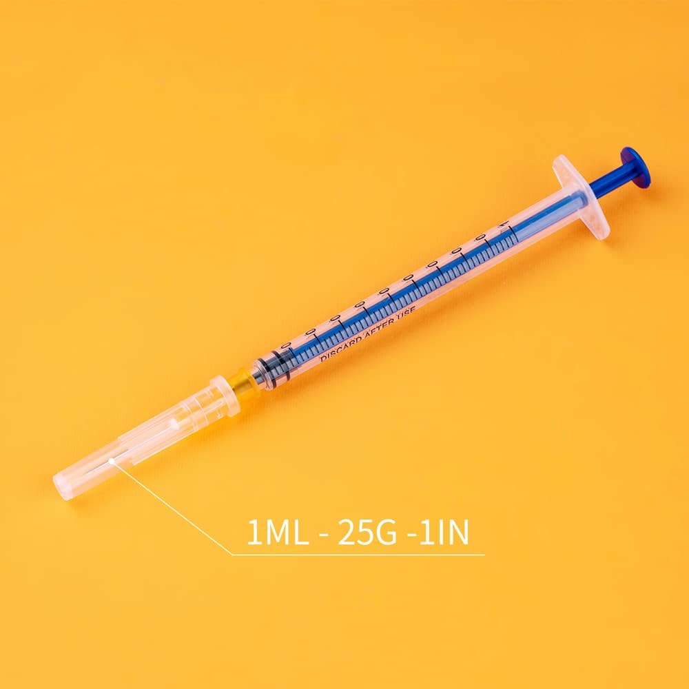 Detailed size specifications and measurement scale of 1cc 1ml disposable sterile plastic syringe