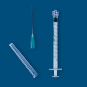 Sterile 1mL Luer Lock Syringe with Attached Needle and Protective Cap for Laboratory Use
