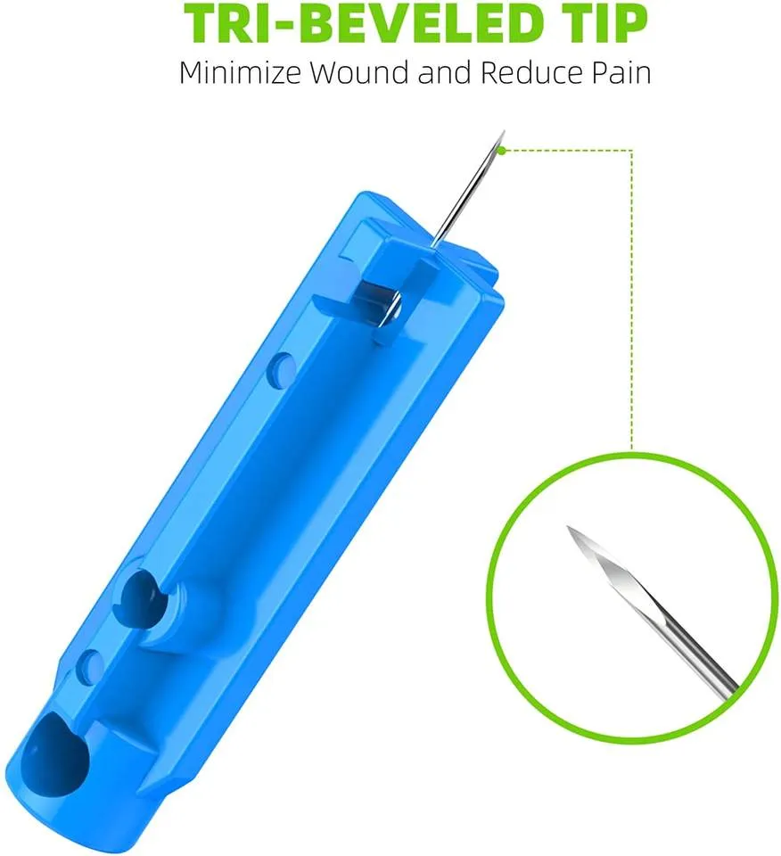 Tri-bevel needle tip of blood sugar lancet showing ultra-sharp precision grinding