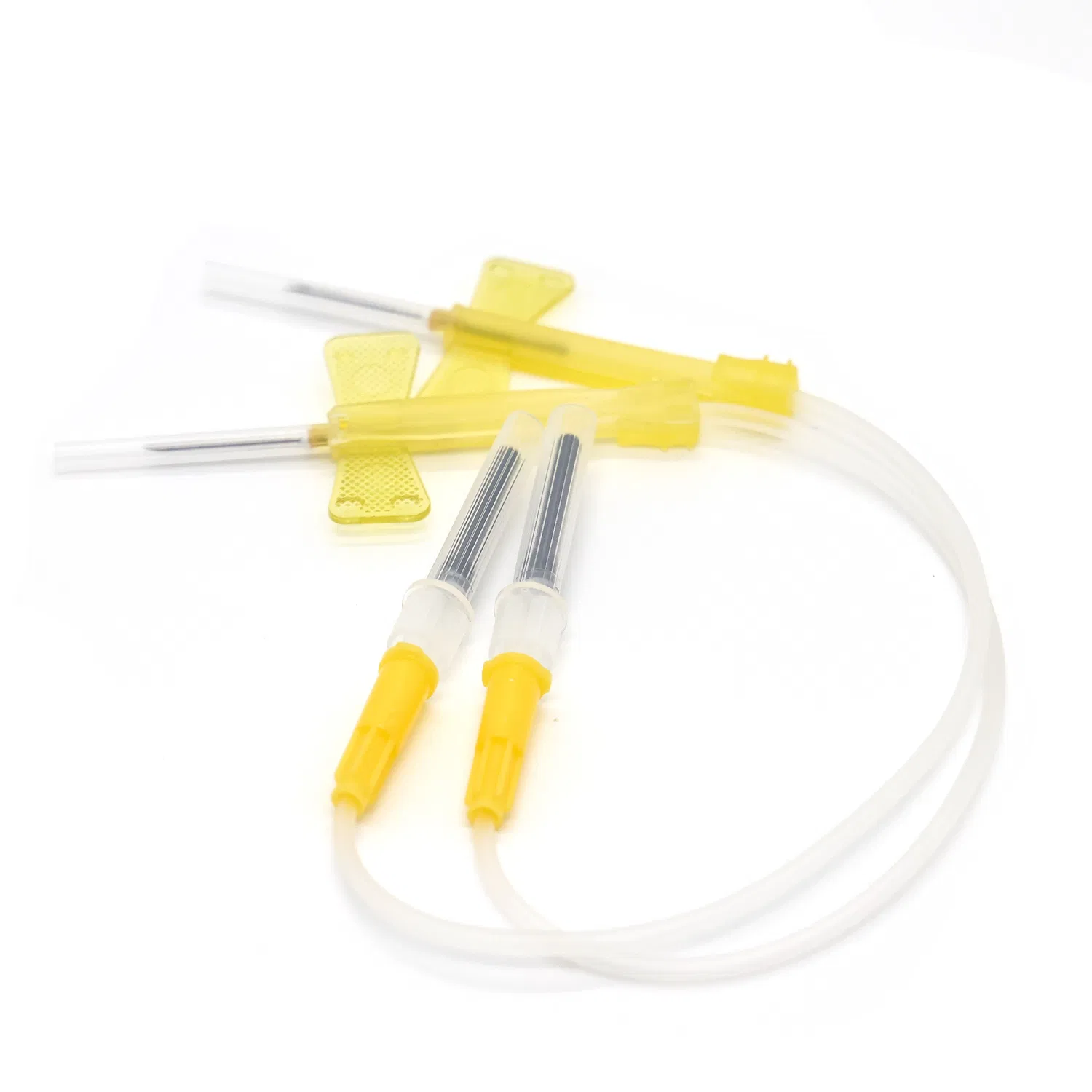 Sterile Hospital Use IV 20g Yellow Wing Butterfly Blood Collection Needle Close-up view of ultra-sharp tri-bevel tip butterfly blood collection needle with flexible tubing