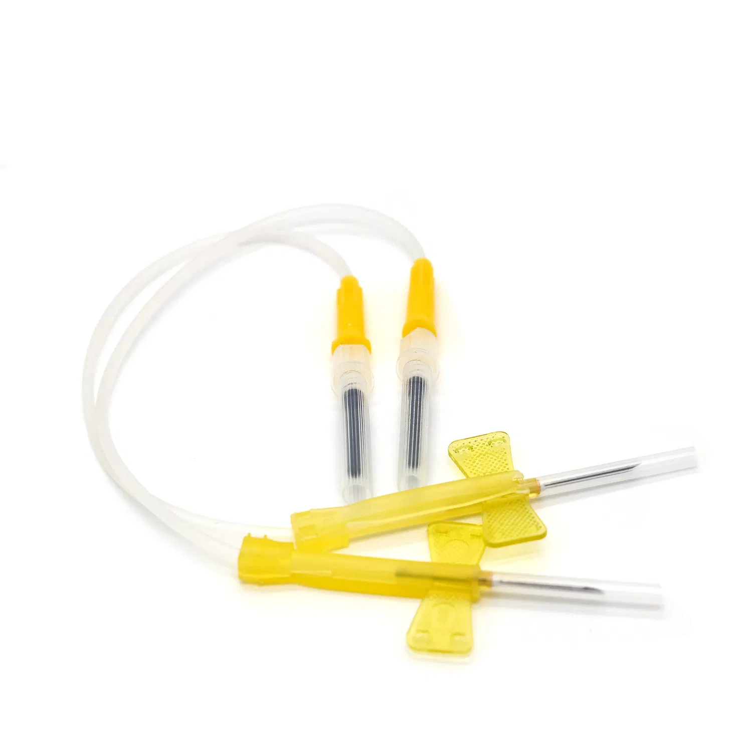 Sterile Hospital Use IV 20g Yellow Wing Butterfly Blood Collection Needle Complete butterfly blood collection needle assembly showing flexible tubing and luer lock adapter for venipuncture