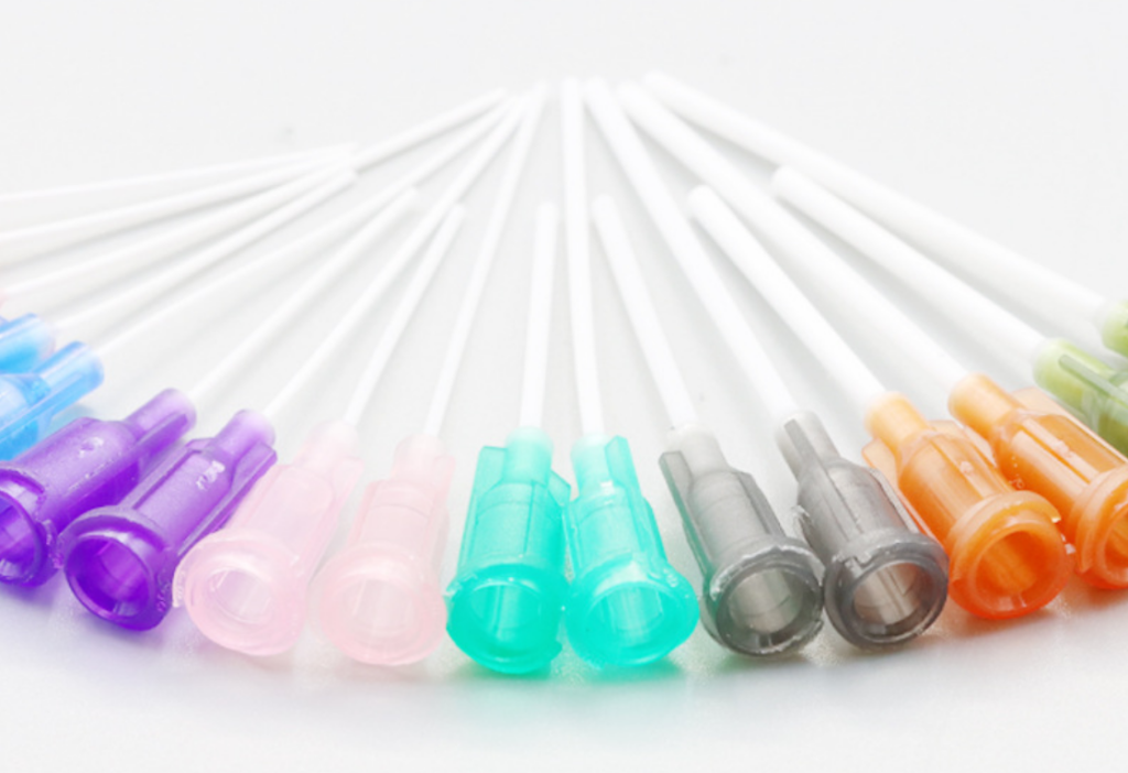 PP flexible needles top down view showing color-coded 9-piece assortment for precision dispensing