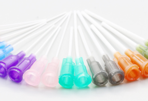 PP flexible needles top down view showing color-coded 9-piece assortment for precision dispensing