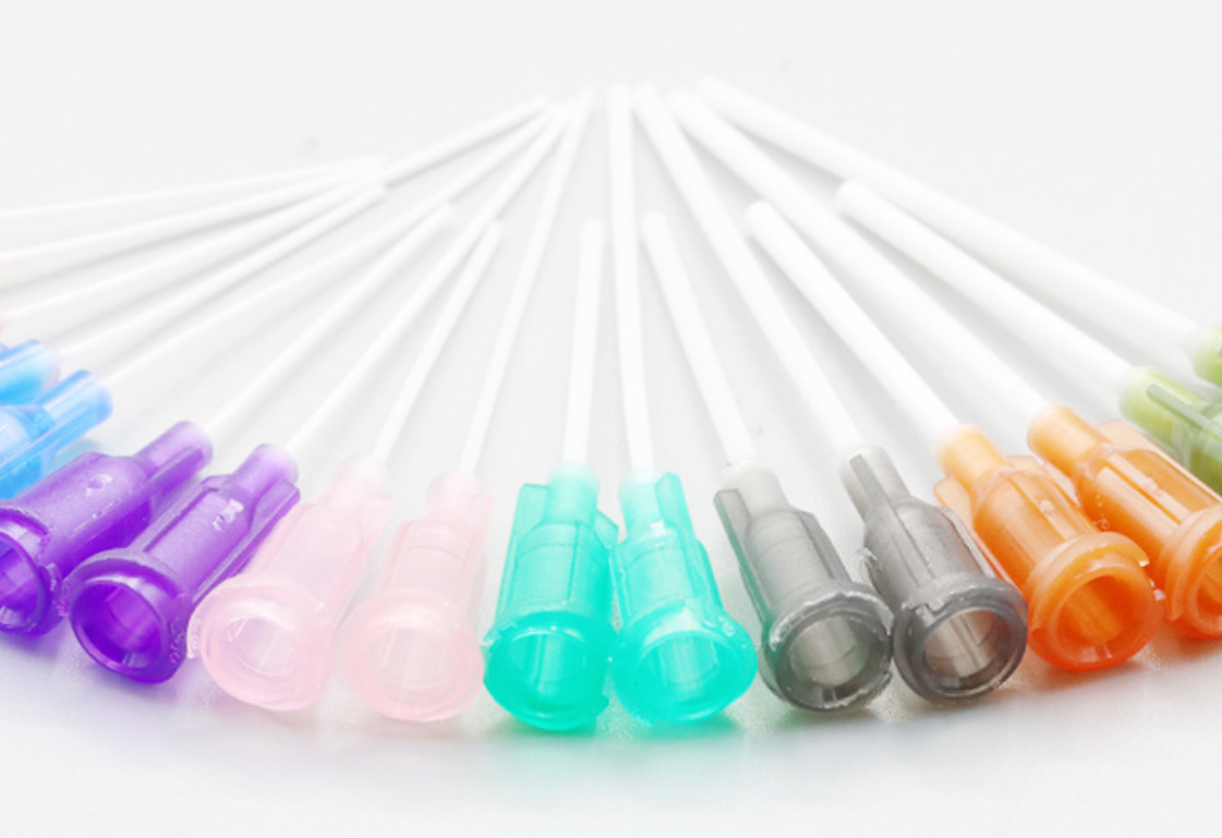 PP flexible needles top down view showing color-coded 9-piece assortment for precision dispensing