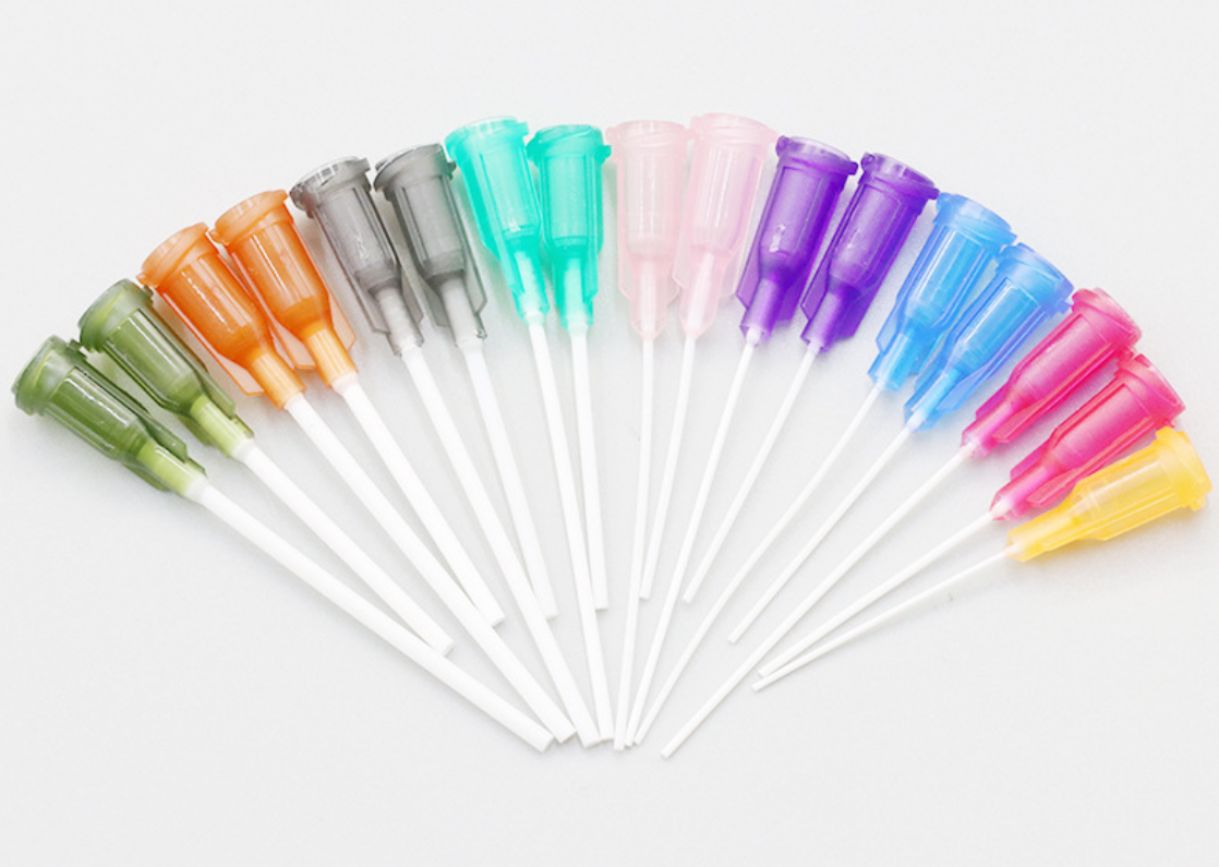 PP medical needles 45-degree angle view of multicolor dispensing needle set 14G-25G