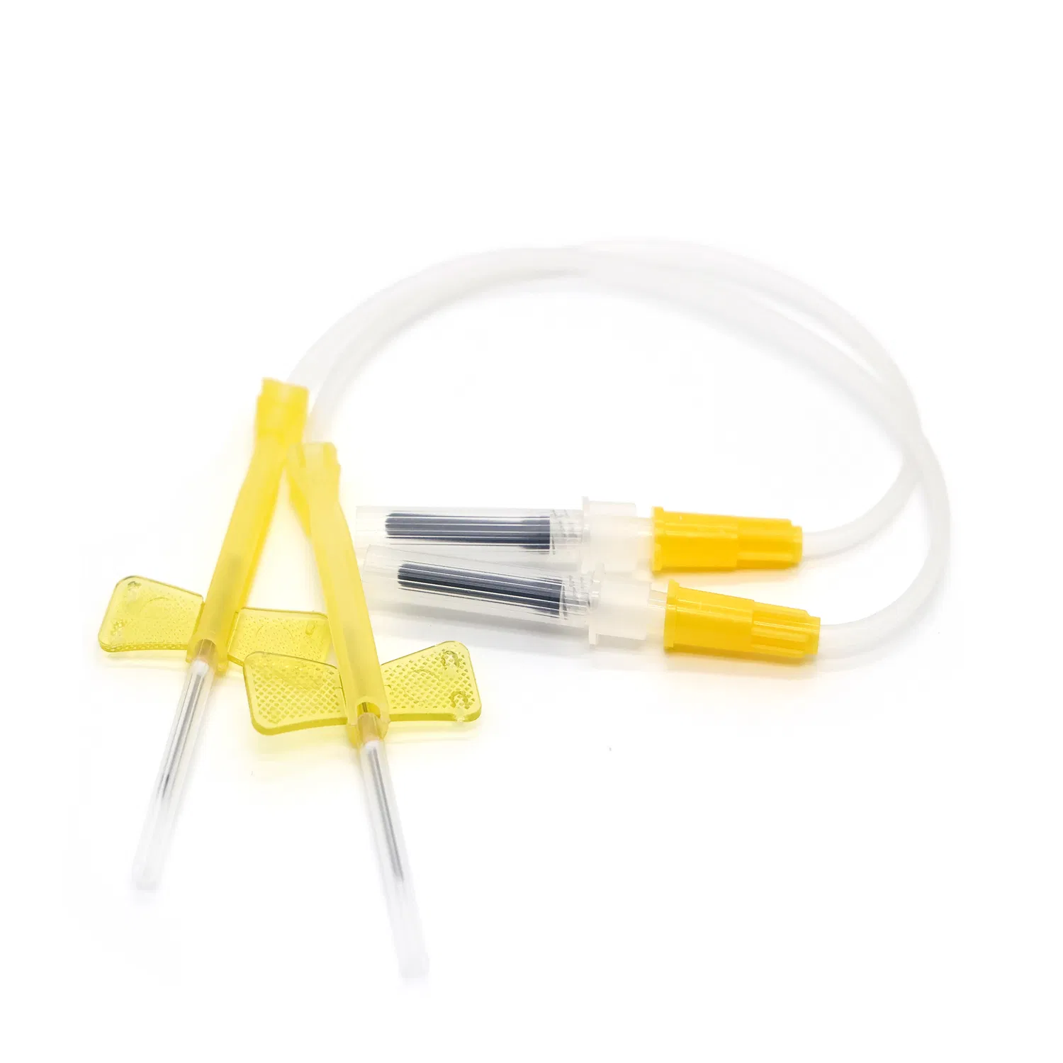 Yellow color-coded flexible wings on butterfly blood collection needle for easy handling and patient comfort