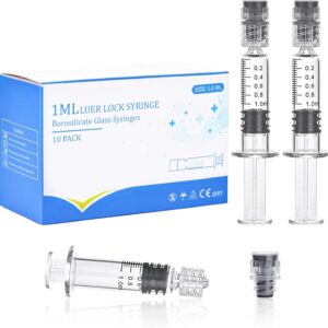 10 pack 1ml luer lock borosilicate glass syringes with clear graduated markings and plastic plungers