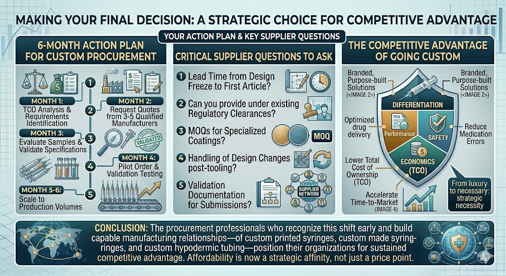 Total cost of ownership comparison chart showing ROI benefits of custom printed syringes versus standard syringes