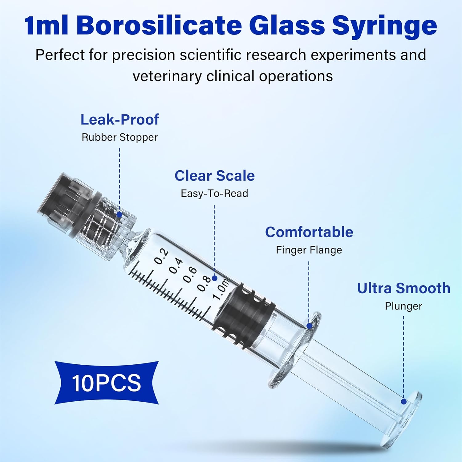 Close-up of 1cc glass syringe showing luer lock connection and precision graduation marks