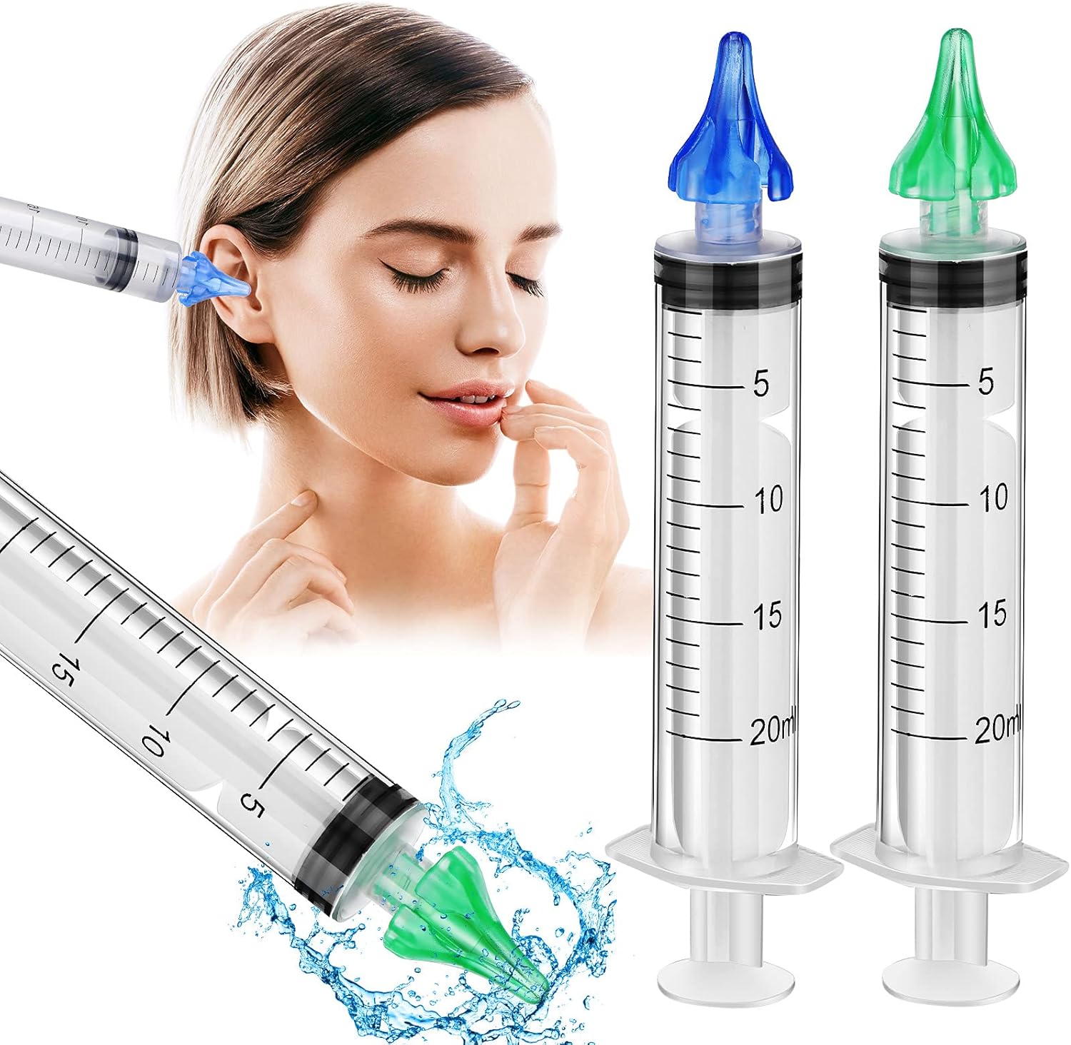 Private ear syringe being used for safe home ear wax removal and ear irrigation by adult user Private ear syringe being used for safe home ear wax removal and ear irrigation by adult user