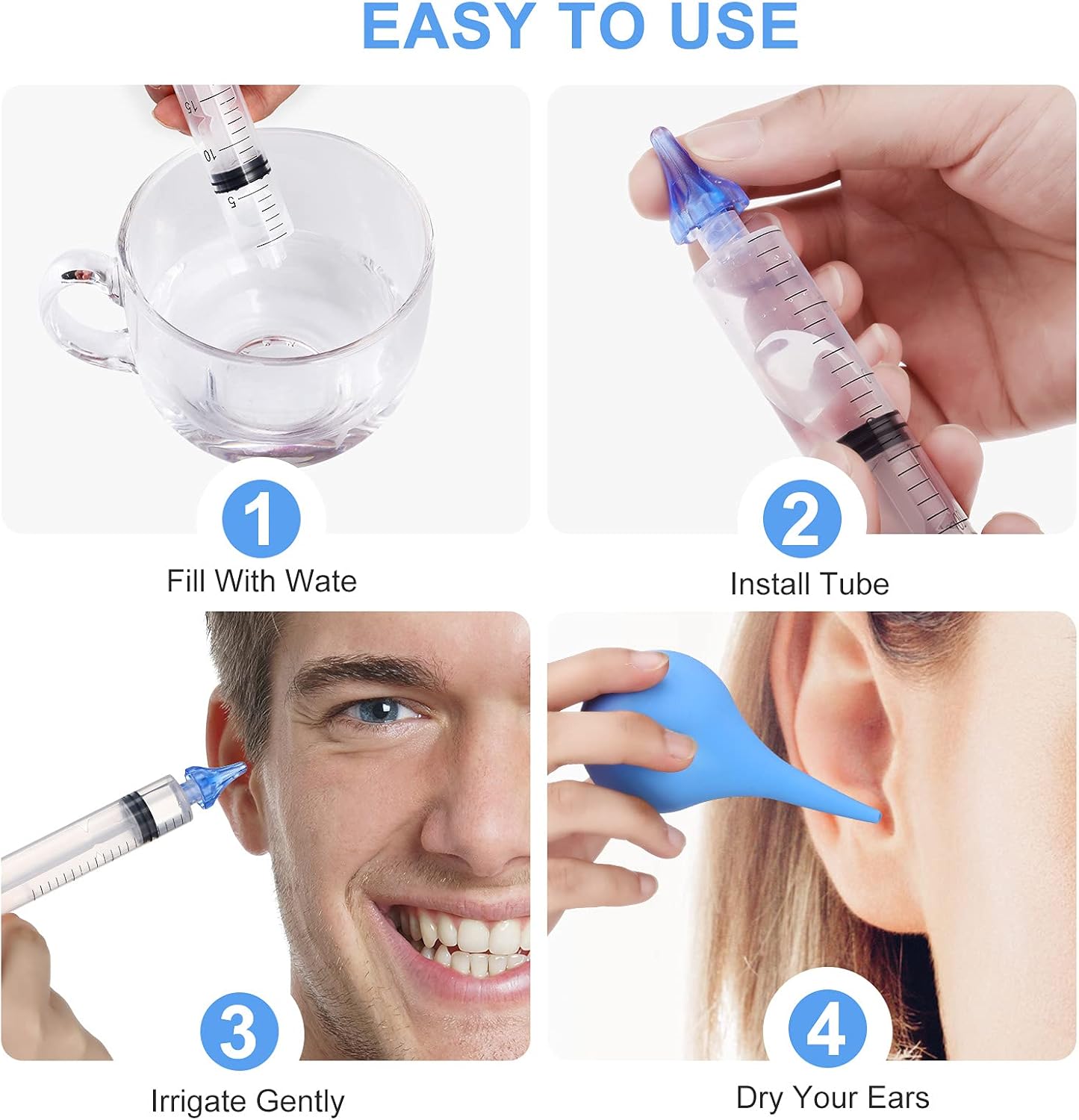 Step-by-step instructions for proper ear syringe usage showing ear irrigation and wax removal procedure