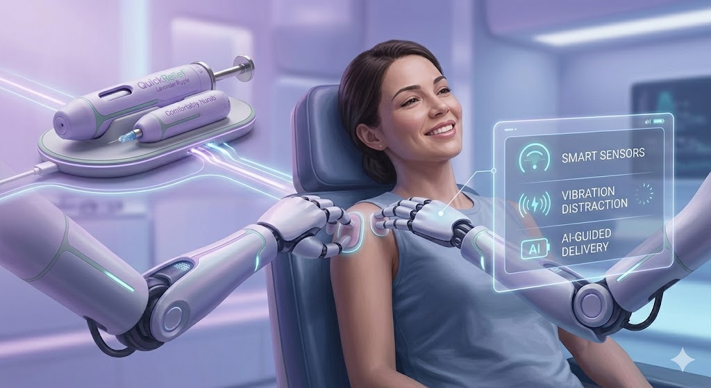 A futuristic medical room where robotic arms administer a painless vaccine to a smiling woman, featuring a digital HUD screen displaying smart sensors, vibration distraction, and AI-guided delivery