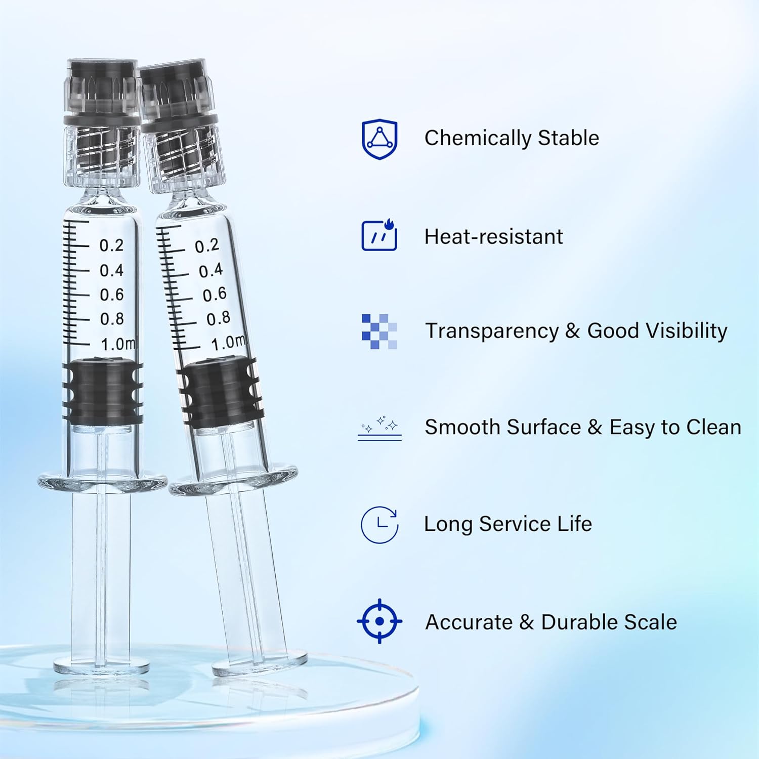 Step-by-step guide showing how to fill and dispense liquids using 1ml luer lock glass syringe
