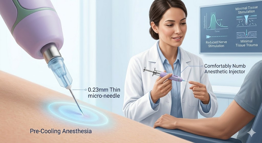 A medical illustration of a 0.23mm ultra-fine needle penetrating skin with a blue pre-cooling anesthesia ring, while a female doctor holds a Comfortably Numb anesthetic injector in the background