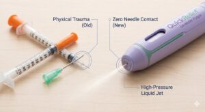An infographic banner comparing traditional injections causing nerve stimulation to modern pain-free technology using a lavender purple needle-free injector with a pre-cooling numbing effect