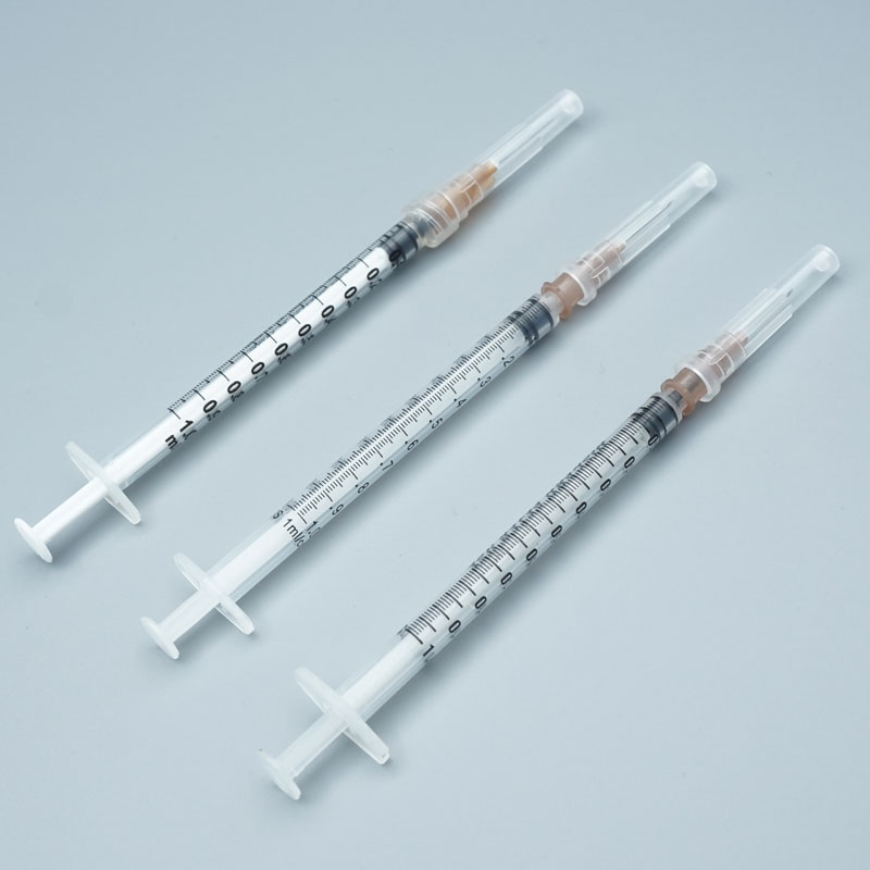 45-degree angle view of 1ml individually wrapped disposable syringe